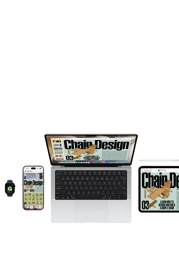 Continuity on Apple devices, Keynote presentation and iMessage conversation displayed on screens: Apple Watch shows message update, iPhone 18 Pro, MacBook Pro, iPad Pro with Apple Pencil shows a document and message updates