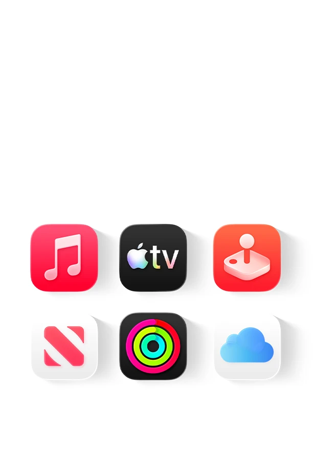 Apple services: Apple Music, Apple TV, Apple Arcade, Apple News+, Apple Fitness+, iCloud+