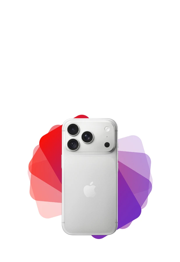 
iPhone 18 Pro, back exterior, iPhone silhouette fans out from behind into spectrum of purple and red colors
