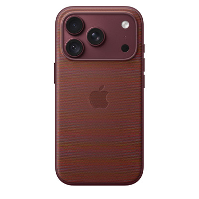 iPhone 18 Pro TechWoven Case with MagSafe in burgundy color (dark red), back exterior, embedded Apple logo in center, attached to iPhone 18 Pro in burgundy color (dark red), visible through camera cutout