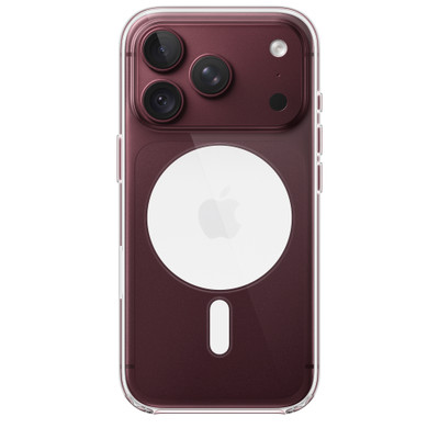 iPhone 18 Pro Clear Case with MagSafe, back exterior, attached to iPhone 18 Pro in burgundy color (dark red), solid white MagSafe circle with gray Apple logo in center, camera cutout