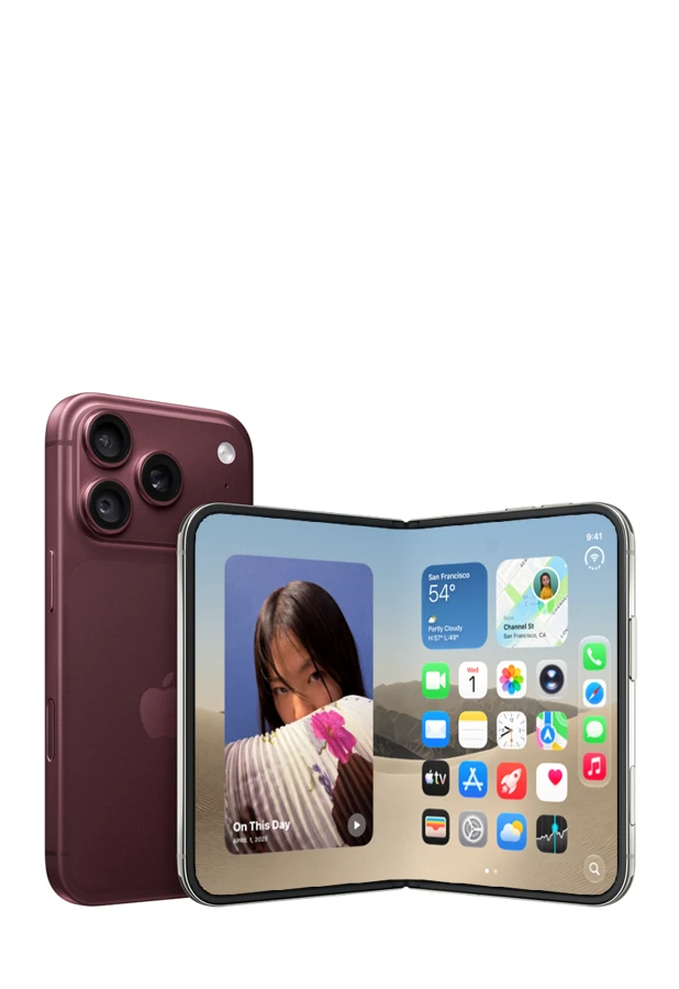 iPhone 18 Pro Max, burgundy color (dark red). iPhone Duo, star white color, unfolded landscape orientation, interior display features Home Screen